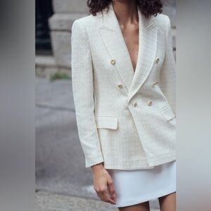 Zara Cream Textured Double-Breasted Blazer
